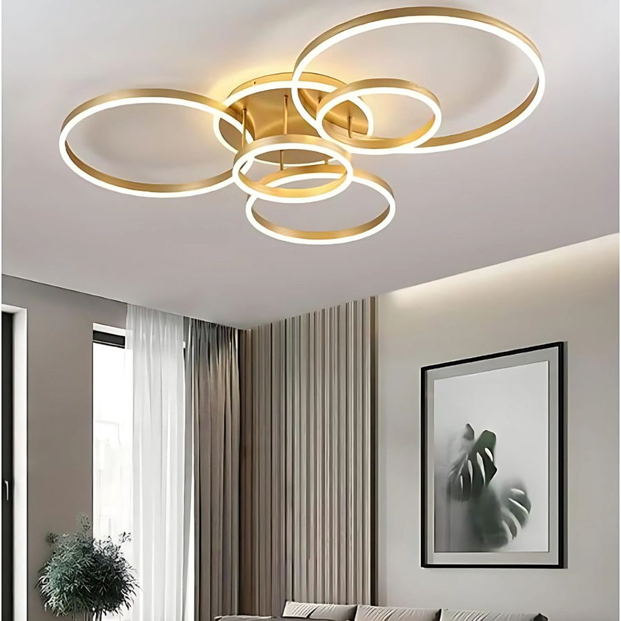 Lustra LED cu Telecomnda RINOVA, 5 cercuri, 137W, Lumina Calda/Rece/Neutra, Dimabila, Auriu Lustre LED cu Telecomanda Default Title Alessandro Design