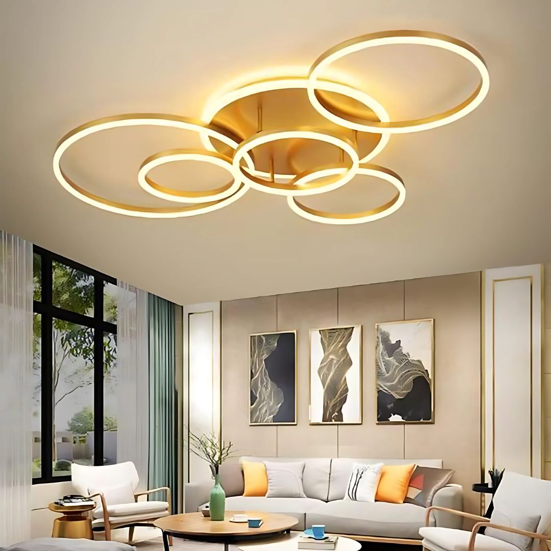 Lustra LED cu Telecomnda RINOVA, 5 cercuri, 137W, Lumina Calda/Rece/Neutra, Dimabila, Auriu Lustre LED cu Telecomanda Default Title Alessandro Design