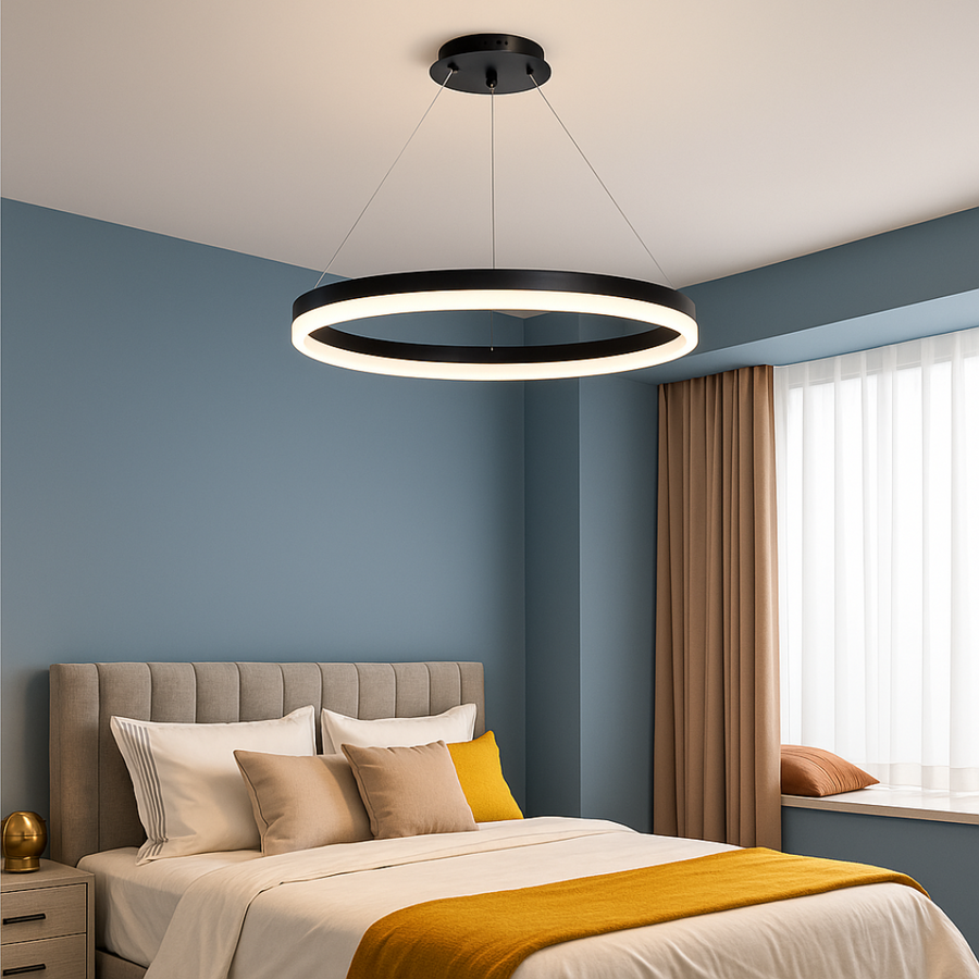 Függesztett LED-csillár távirányítóval ANINA 34W, 1 kör, hideg/meleg/semleges fény, szabályozható, fekete, állítható magasságú LED-csillárok távirányítóval Alapértelmezett cím Alessandro Design