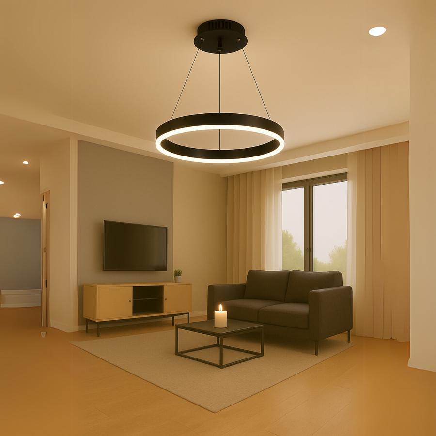 Függesztett LED-csillár távirányítóval ANINA 34W, 1 kör, hideg/meleg/semleges fény, szabályozható, fekete, állítható magasságú LED-csillárok távirányítóval Alapértelmezett cím Alessandro Design