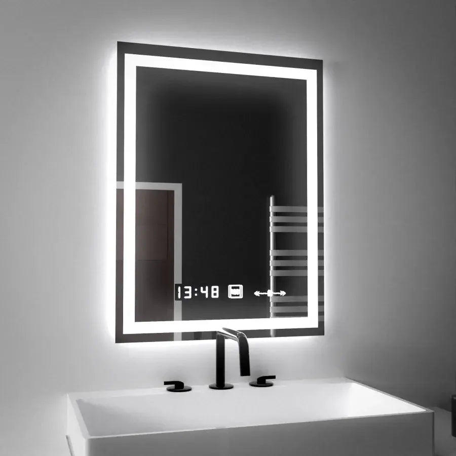 Négyszögletű LED tükör, 45x60 cm, Verite MotionGlow Marcello, páramentesítő rendszer, óra és hőmérő, szabályozható tükrök Marcello alapértelmezett cím Alessandro Design