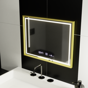 Téglalap alakú LED-es tükör, 80x60 cm, Verite Royale Gold MotionGlow Marcello, páramentesítő rendszer, óra és hőmérő, szabályozható tükrök Marcello alapértelmezett cím Alessandro Design