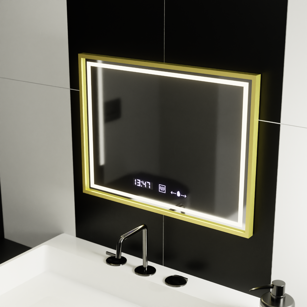 Téglalap alakú LED-es tükör, 80x60 cm, Verite Royale Gold MotionGlow Marcello, páramentesítő rendszer, óra és hőmérő, szabályozható tükrök Marcello alapértelmezett cím Alessandro Design