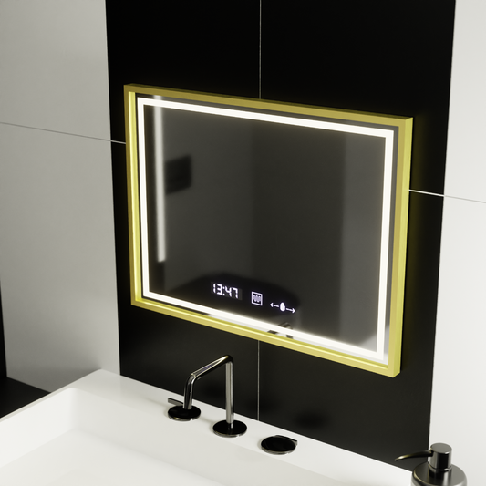 Téglalap alakú LED-es tükör, 80x60 cm, Verite Royale Gold MotionGlow Marcello, páramentesítő rendszer, óra és hőmérő, szabályozható tükrök Marcello alapértelmezett cím Alessandro Design