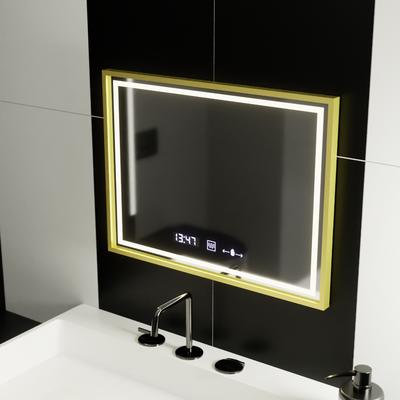 Négyszögletű LED-es tükör, 80x60 cm, Verite Royale Gold MotionGlow Marcello, páramentesítő rendszer, óra és hőmérő, szabályozható