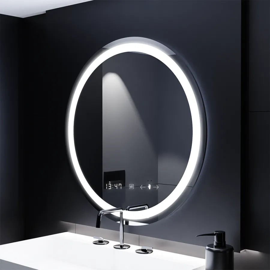 Kerek LED-es tükör, 70 cm, Celeste MotionGlow Marcello, páramentesítő rendszer, óra és hőmérő, szabályozható, meleg, semleges hideg fény 3000K/4000K/6000K Marcello tükrök alapértelmezett cím Alessandro Design