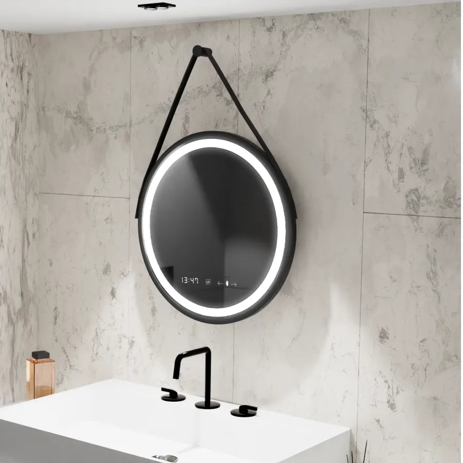 LED kerek tükör, 60 cm, Celeste Majeste Noir Eleve MotionGlow Marcello, páramentesítő rendszer, óra és hőmérő, szabályozható tükrök Marcello alapértelmezett cím Alessandro Design