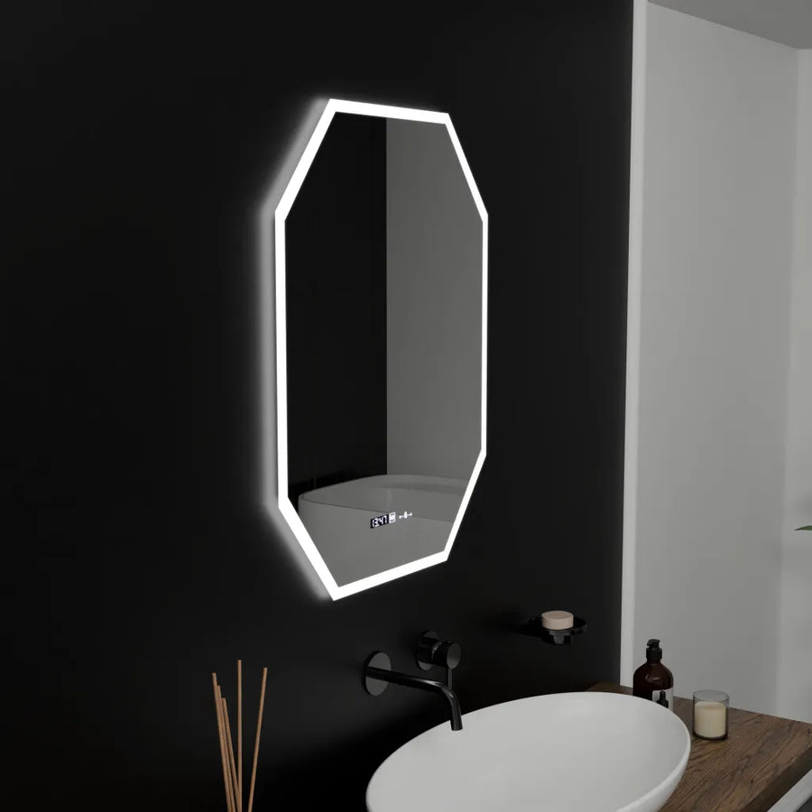 Sokszögű LED tükör, 60x80 cm, Hexaluce Marcello MotionGlow érzékelő, páramentesítő rendszer, óra és hőmérő, Dimabila Marcello tükrök alapértelmezett cím Alessandro Design