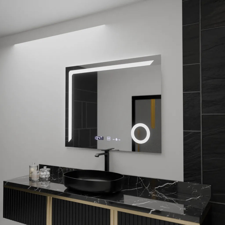 Négyszögletű LED-es tükör, 100x80 cm, Precision MotionGlow Marcello, páramentesítő rendszer, óra és hőmérő, kozmetikai nagyító, szabályozható tükrök Marcello alapértelmezett cím Alessandro Design