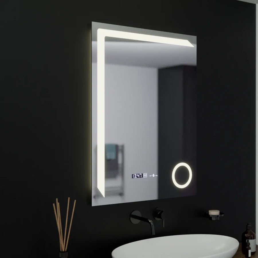 Négyszögletű LED-es tükör, 60x80 cm, Precision MotionGlow Marcello, páramentesítő rendszer, óra és hőmérő, kozmetikai nagyító, szabályozható tükrök Marcello alapértelmezett cím Alessandro Design