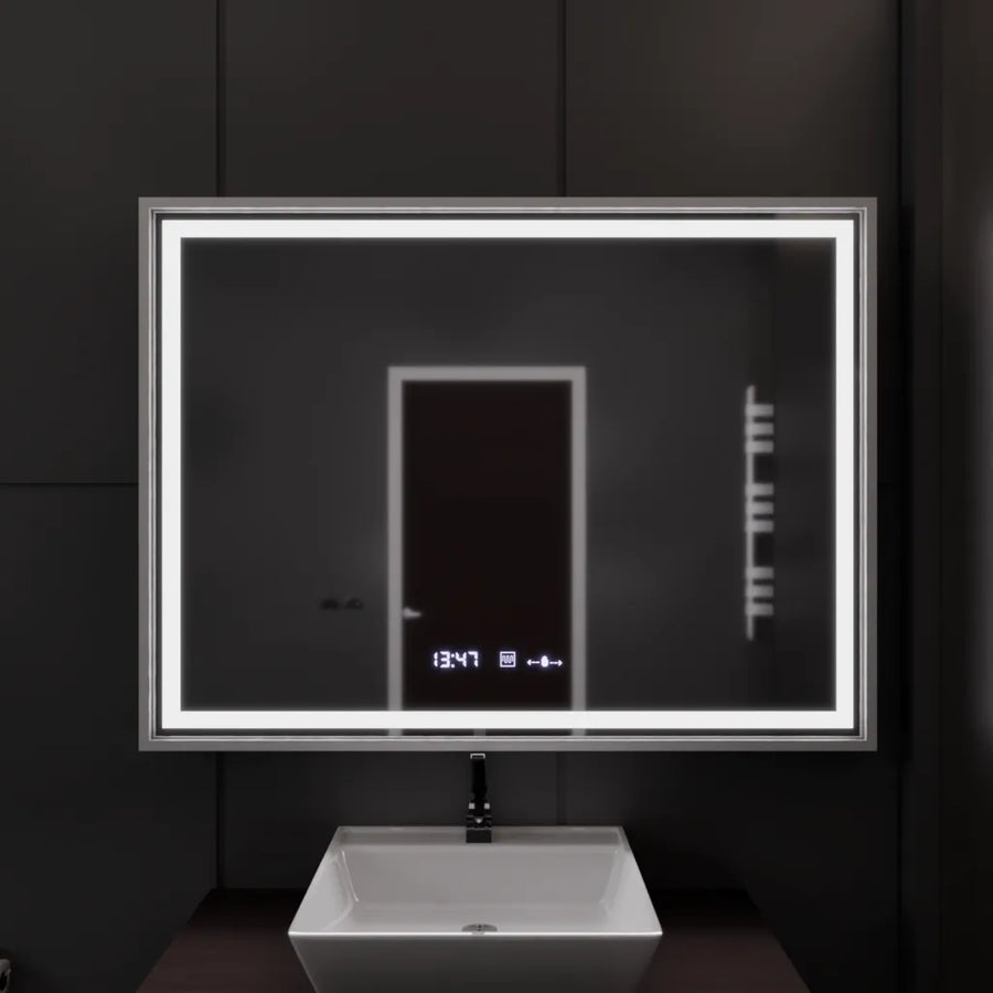 Négyszögletű LED-es tükör, 120x80 cm, Verite Imperial Silver Motion Glow Marcello, páramentesítő rendszer, óra és hőmérő, szabályozható tükrök Marcello alapértelmezett cím Alessandro Design