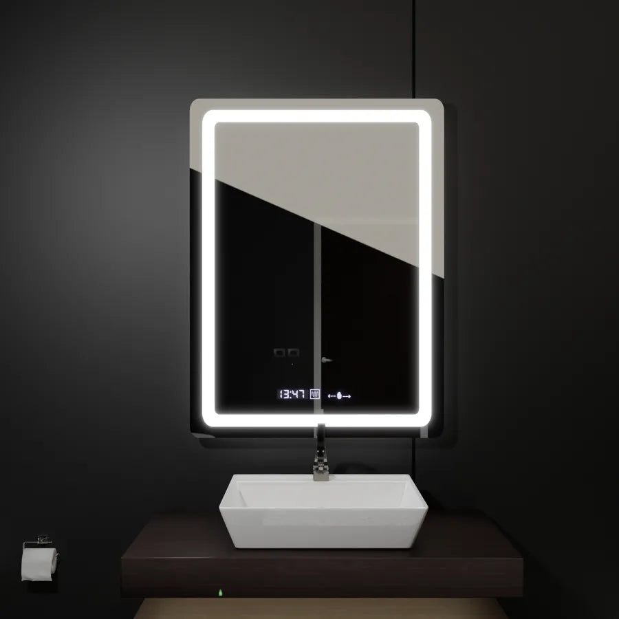 Négyszögletű LED-es tükör, 60x80 cm, Wizz MotionGlow Marcello érzékelő, páramentesítő rendszer, óra és hőmérő, Dimabila tükrök Marcello alapértelmezett cím Alessandro Design