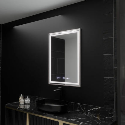 Négyszögletű LED-es tükör, 60x80 cm, Verite Imperial Silver Motion Glow Marcello, páramentesítő rendszer, óra és hőmérő, szabályozható tükrök Marcello alapértelmezett cím Alessandro Design