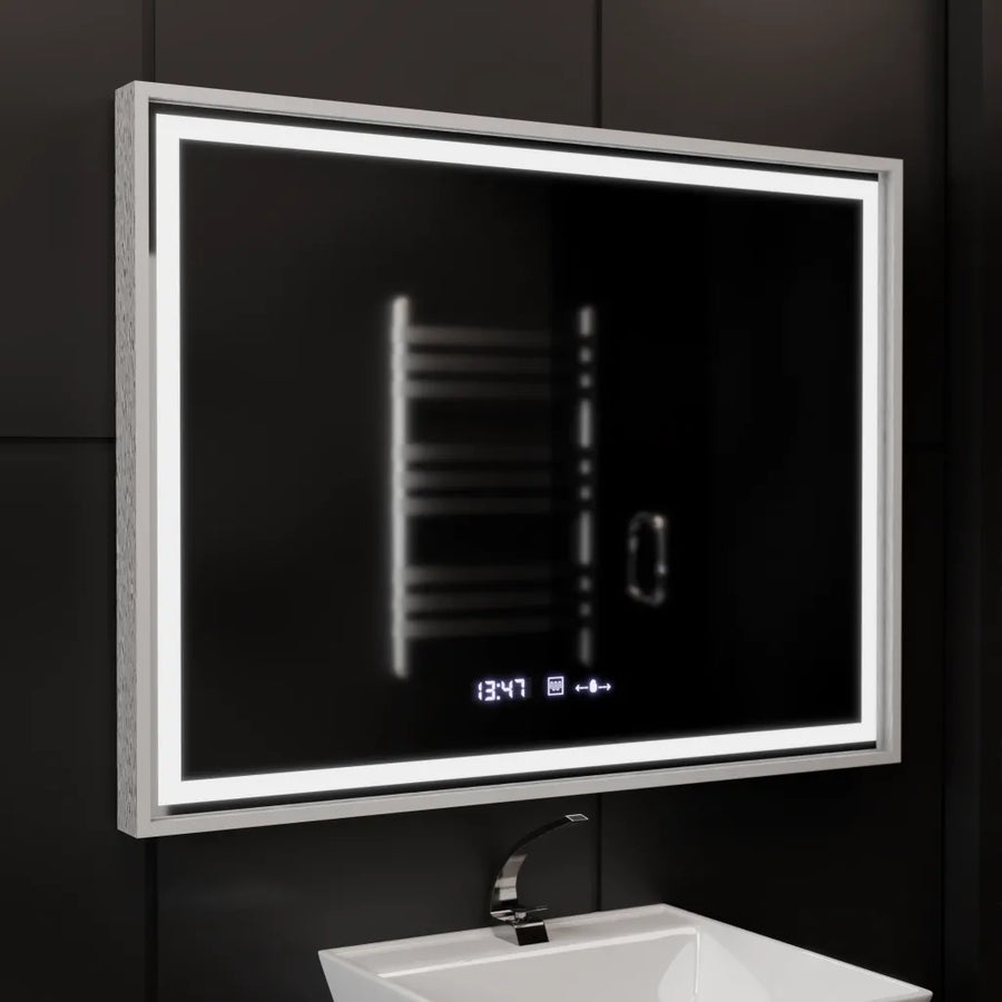 Négyszögletű LED-es tükör, 80x60 cm, Verite Imperial Silver Motion Glow Marcello, páramentesítő rendszer, óra és hőmérő, szabályozható tükrök Marcello alapértelmezett cím Alessandro Design