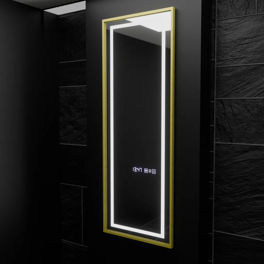 Téglalap alakú LED-es tükör, 45x140 cm, Elena Marcello radarérzékelő, páramentesítő rendszer, óra és hőmérő, Dimabila, öltözködési Couture öltözőtükrök alapértelmezett cím Alessandro Design