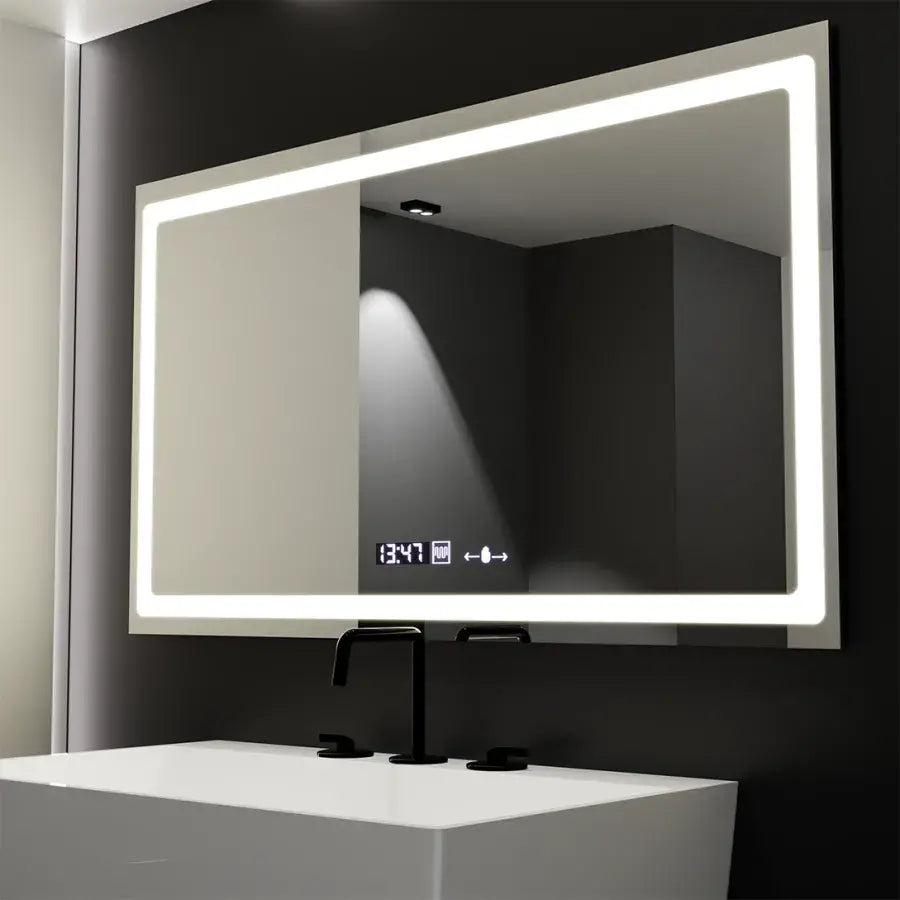 Négyszögletű LED-es tükör, 120x70 cm, Marcello sugárzó MotionGlow érzékelő, páramentesítő rendszer, óra és hőmérő, szabályozható Marcello tükrök alapértelmezett cím Alessandro Design