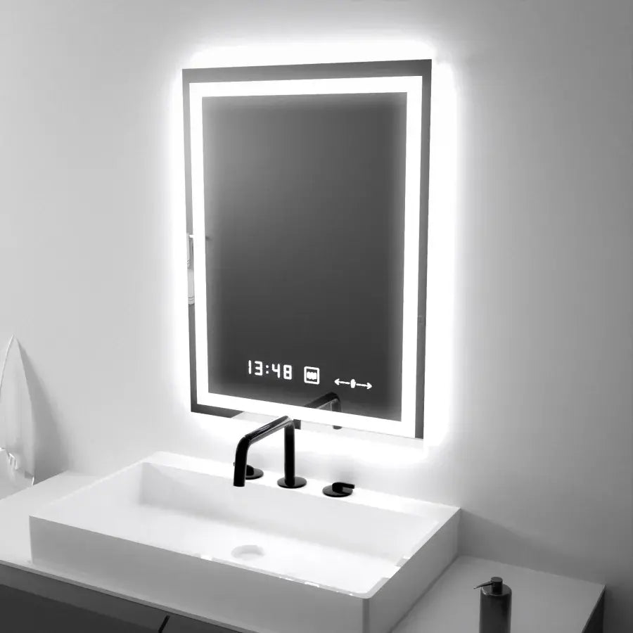 Négyszögletű LED tükör, 45x60 cm, Verite MotionGlow Marcello, páramentesítő rendszer, óra és hőmérő, szabályozható tükrök Marcello alapértelmezett cím Alessandro Design