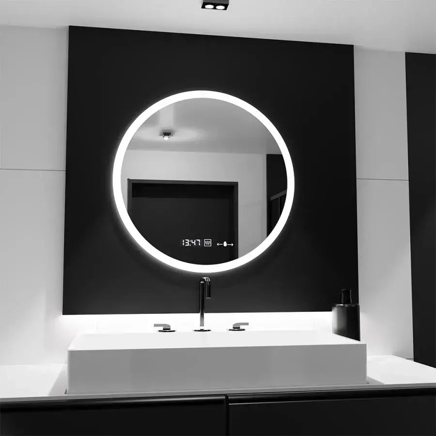LED kerek tükör 50 cm Giulia érzékelő MotionGlow Marcello páramentesítő rendszer óra és hőmérő Dimabila tükrök Marcello alapértelmezett cím Alessandro Design