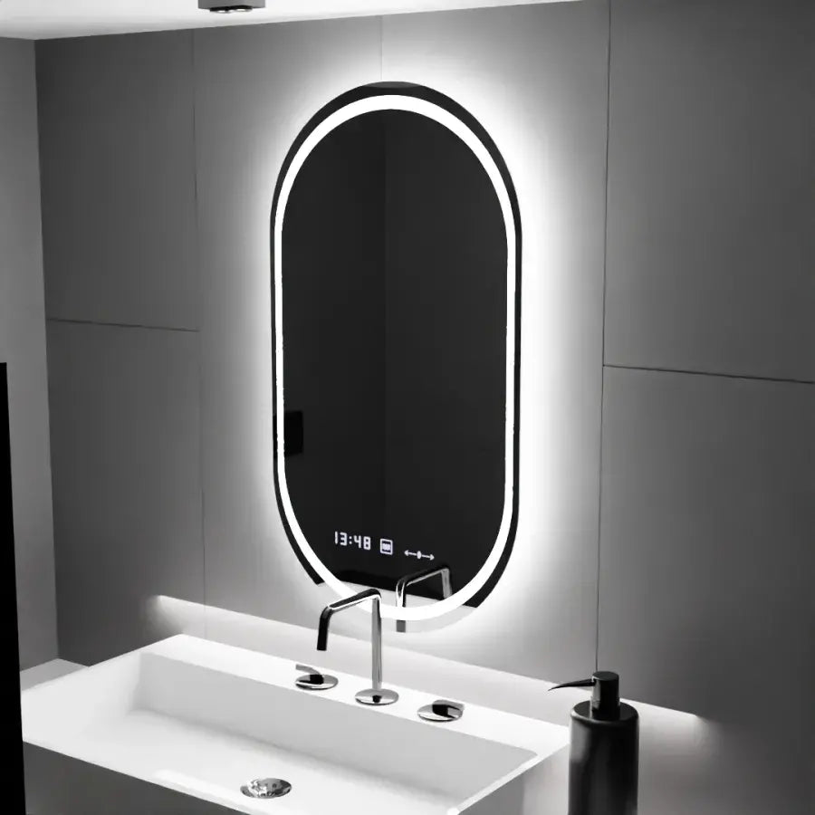 Ovális LED-es tükör, 60x80 cm, Eminence MotionGlow Marcello, páramentesítő rendszer, óra és hőmérő, szabályozható Marcello tükör Alapértelmezett cím Alessandro Design