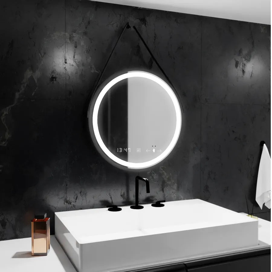 LED-es kerek tükör, 50 cm, Celeste Majeste Noir Eleve MotionGlow Marcello, páramentesítő rendszer, óra és hőmérő, szabályozható tükrök Marcello alapértelmezett cím Alessandro Design