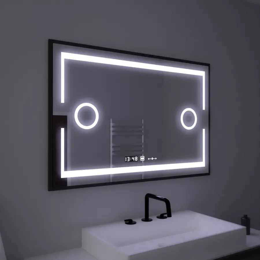 Négyszögletű LED-es tükör, 120x80 cm, Marcello MotionGlow érzékelő, páramentesítő rendszer, óra és hőmérő, kozmetikai nagyító, szabályozható Marcello tükrök alapértelmezett cím Alessandro Design