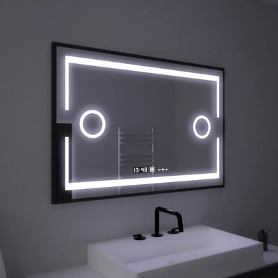Négyszögletű LED tükör, 120x80cm, Marcello MotionGlow érzékelő, páramentesítő rendszer, óra és hőmérő, kozmetikai nagyító, szabályozható
