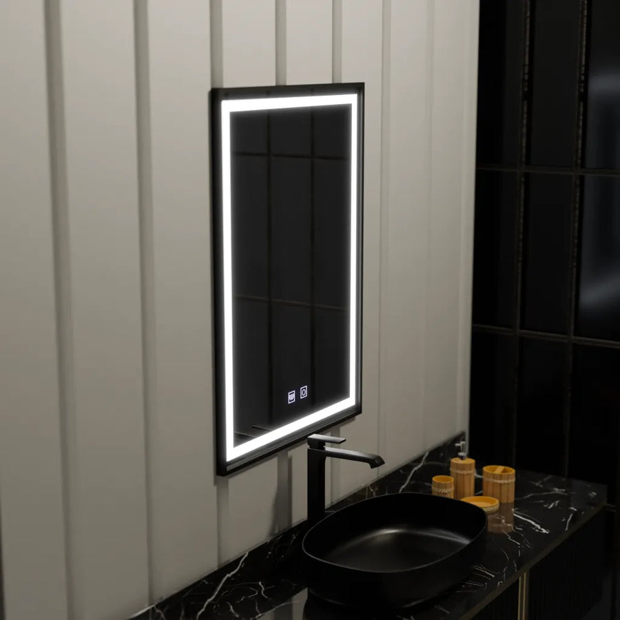 Négyszögletű LED tükör 60x90cm EDGE Touch páramentesítő rendszer, fekete keretű tükrök Korman E alapértelmezett cím Alessandro Design