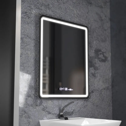 Téglalap alakú LED-es tükör, 75x90 cm, Favola MotionGlow Marcello, Páramentesítő rendszer, Óra és hőmérő, szabályozható