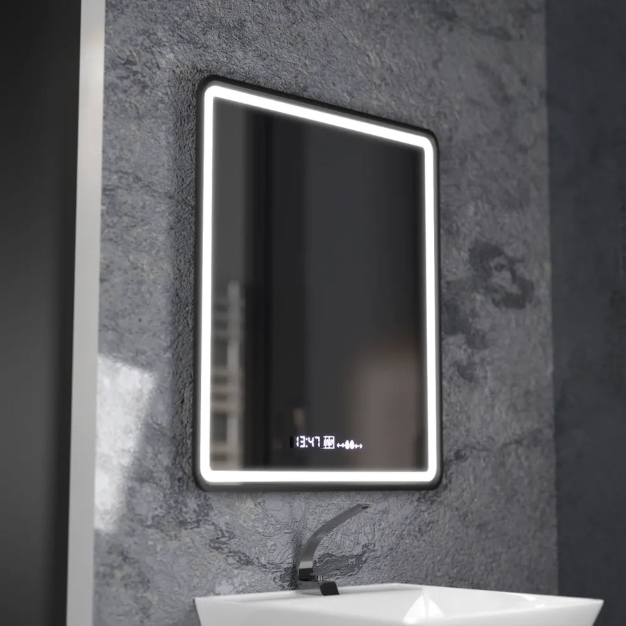 Téglalap alakú LED-es tükör, 75x90 cm, Favola MotionGlow Marcello, Páramentesítő rendszer, Óra és hőmérő, szabályozható