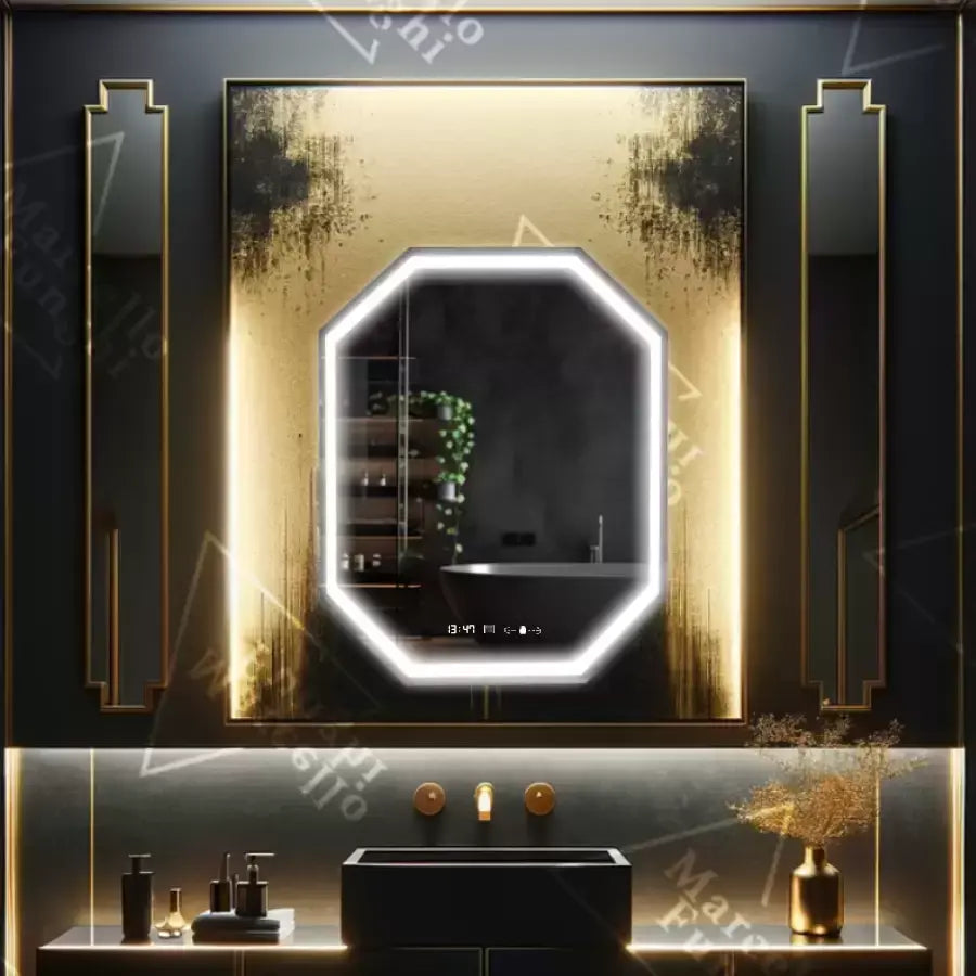 Sokszögű LED-es tükör, 60x80 cm, Ralya MotionGlow Marcello érzékelő, páramentesítő rendszer, óra és hőmérő, Dimabila tükrök Marcello alapértelmezett cím Alessandro Design