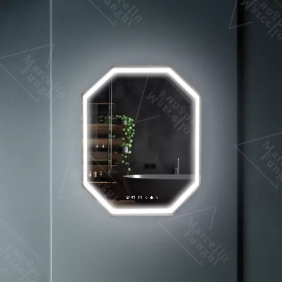 Sokszögű LED-es tükör, 60x80 cm, Ralya MotionGlow Marcello érzékelő, páramentesítő rendszer, óra és hőmérő, Dimabila tükrök Marcello alapértelmezett cím Alessandro Design
