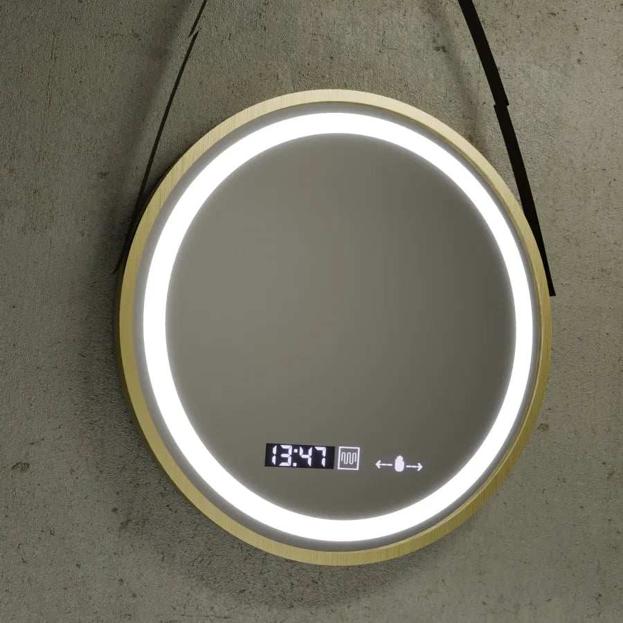 Kerek LED-es tükör, 60 cm, Celeste Royale Gold Eleve MotionGlow Marcello, páramentesítő rendszer, óra és hőmérő, szabályozható, levehető szíj Marcello tükrök alapértelmezett cím Alessandro Design