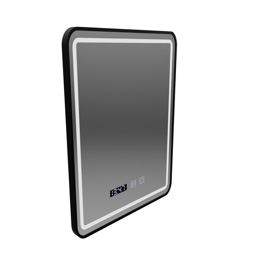 Mirror LED Touch LUCIDA páramentesítő rendszer, óra és hőmérséklet 50x70 cm szálcsiszolt fekete keret