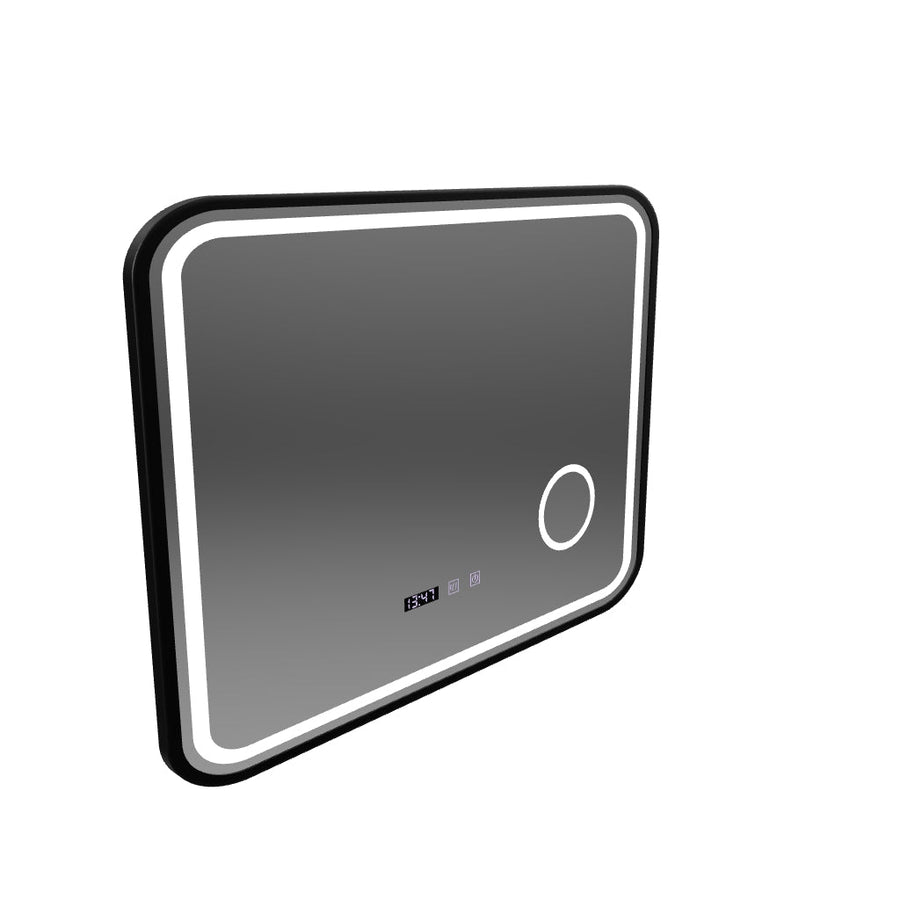 Bernd LED Touch Mirror páramentesítő rendszer, óra és hőmérséklet 80x60 cm szálcsiszolt fekete keretű kozmetikai nagyító