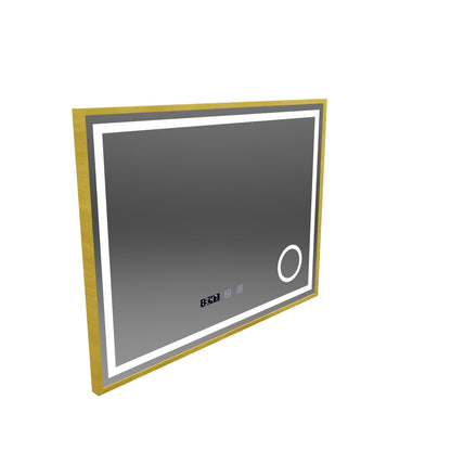 CLARUS LED Touch Mirror páramentesítő rendszer, óra és hőmérséklet 80x60 cm csiszolt arany keretes kozmetikai nagyító