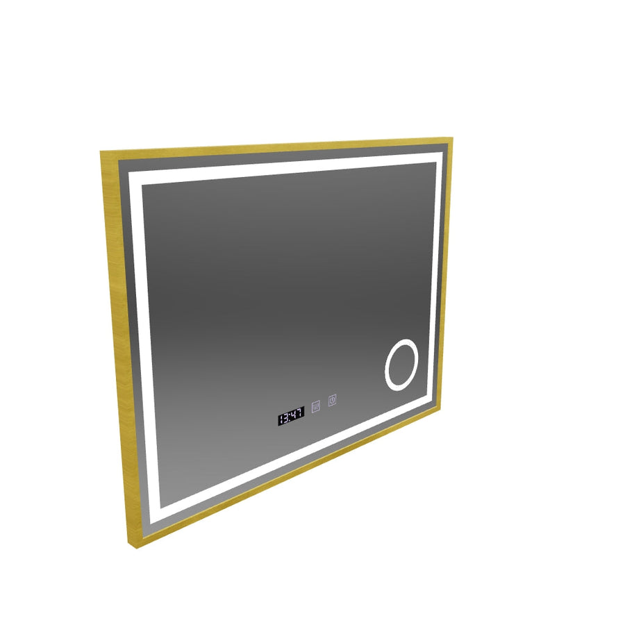 CLARUS LED Touch Mirror páramentesítő rendszer, óra és hőmérséklet 80x60 cm csiszolt arany keretes kozmetikai nagyító