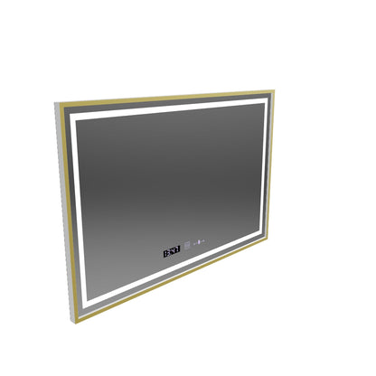 Négyszögletű LED tükör, 100x65 cm, Verite Royale Gold Motion Glow Marcello, páramentesítő rendszer, óra és hőmérő, szabályozható
