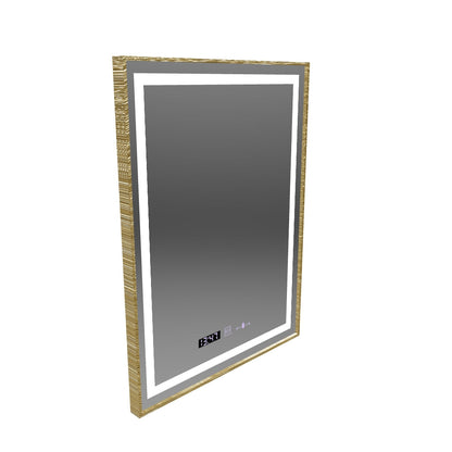 Téglalap alakú LED-es tükör, 60x80 cm, Verite Royale Gold MotionGlow Marcello, páramentesítő rendszer, óra és hőmérő, szabályozható