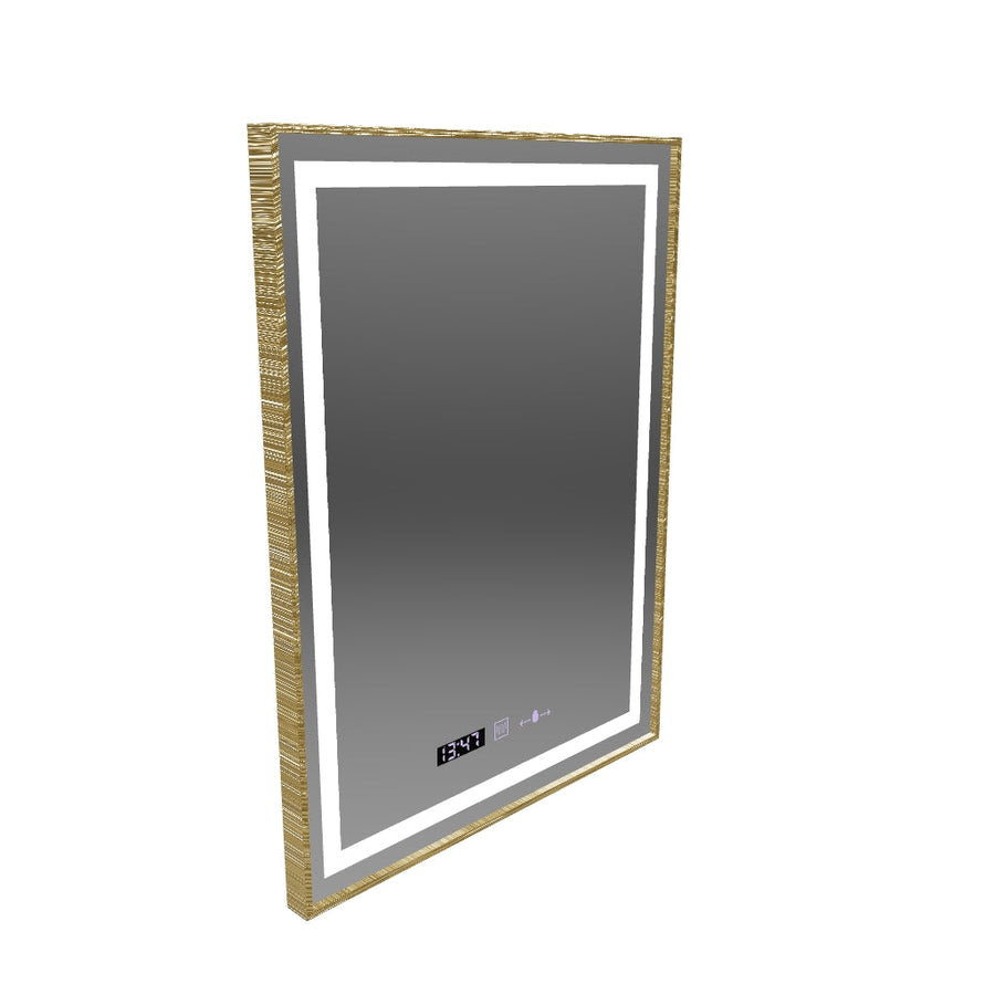 Téglalap alakú LED-es tükör, 60x80 cm, Verite Royale Gold MotionGlow Marcello, páramentesítő rendszer, óra és hőmérő, szabályozható