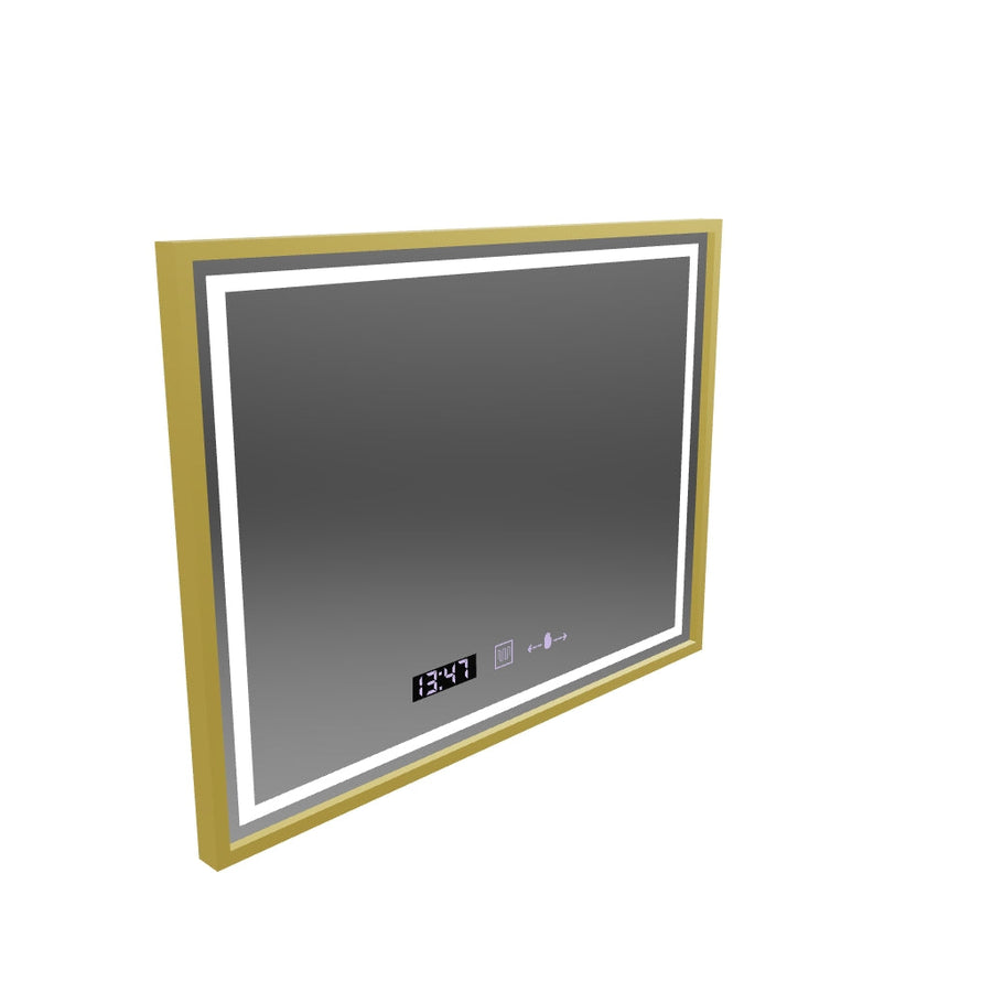 Négyszögletű LED-es tükör, 80x60 cm, Verite Royale Gold MotionGlow Marcello, páramentesítő rendszer, óra és hőmérő, szabályozható