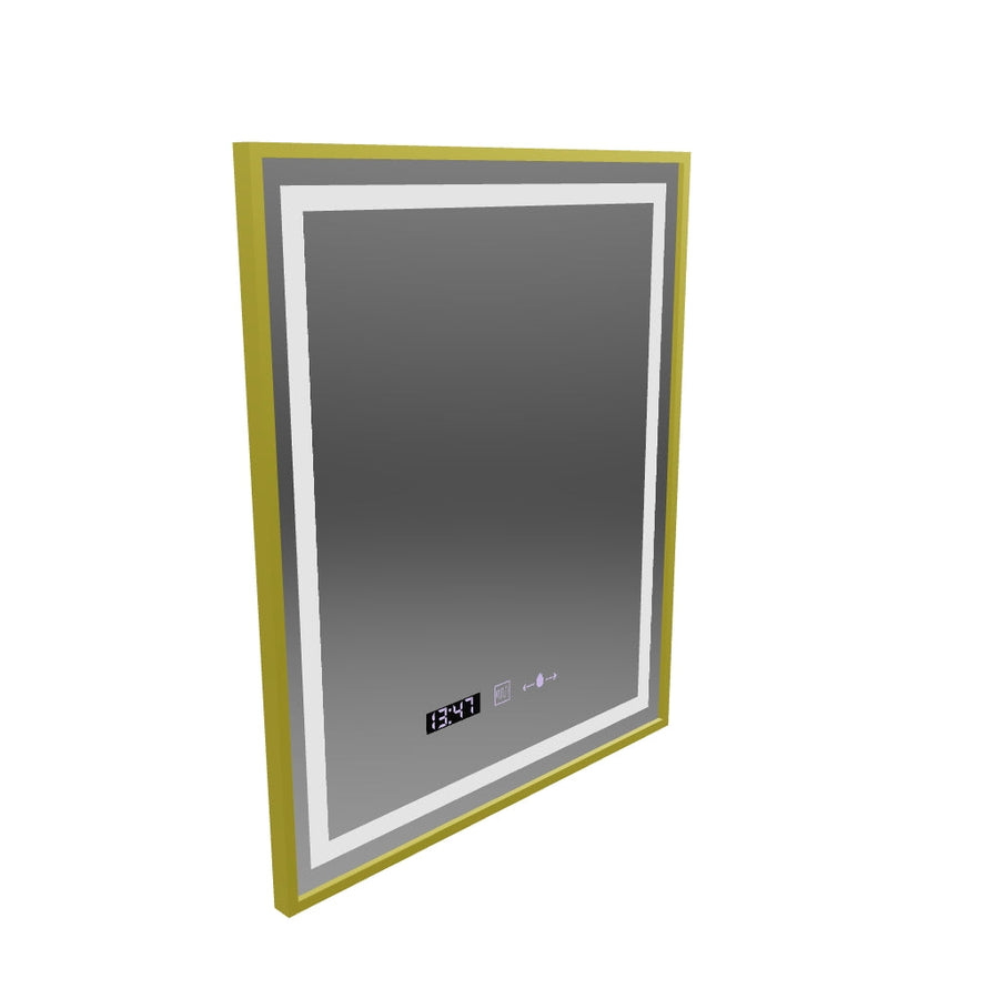 Négyszögletű LED-es tükör, 75x90 cm, Verite Royale Gold MotionGlow Marcello, páramentesítő rendszer, óra és hőmérő, szabályozható