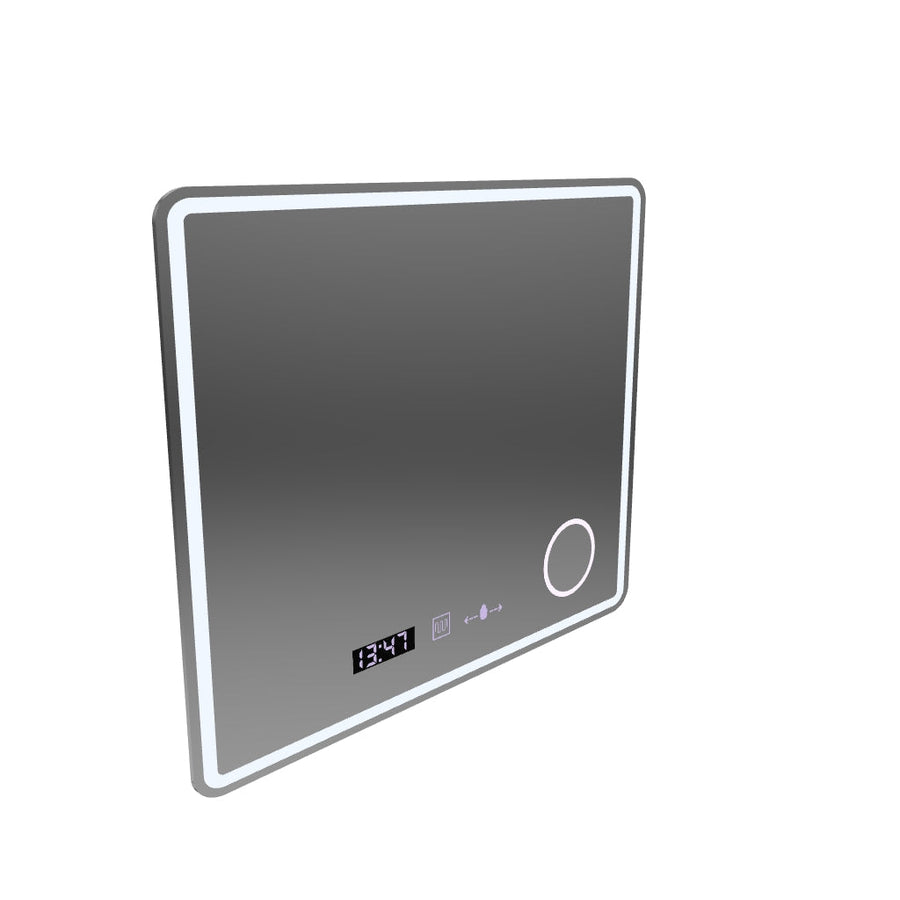 Téglalap alakú LED tükör, 90x75 cm, Riflesso MotionGlow Marcello, páramentesítő rendszer, óra és hőmérő, kozmetikai nagyító, szabályozható