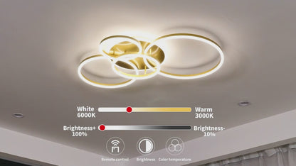RINOVA LED csillár távirányítóval, 4 kör, 112 W, meleg/hideg/semleges fény, szabályozható, arany
