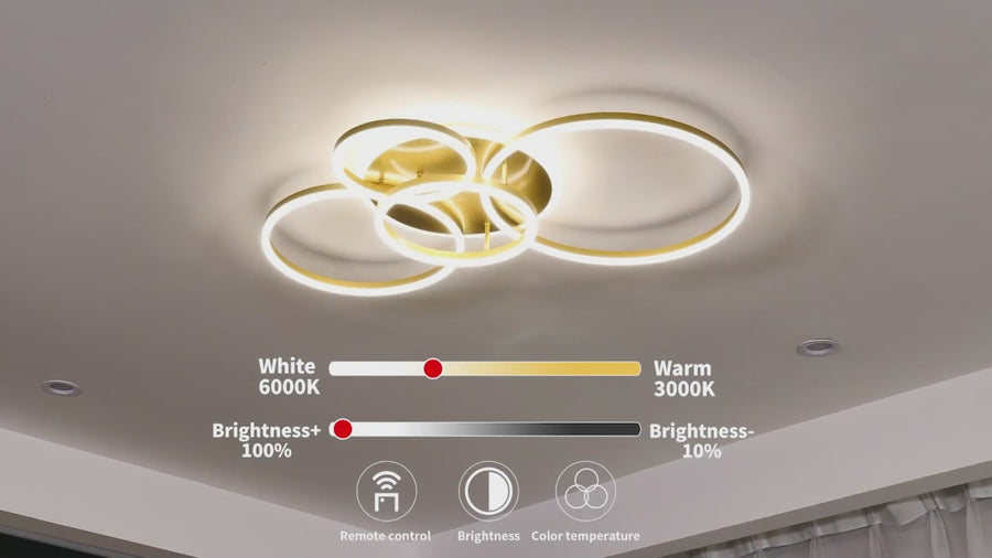 RINOVA LED csillár távirányítóval, 4 kör, 112 W, meleg/hideg/semleges fény, szabályozható, arany