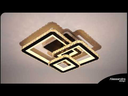LED csillár távirányítóval és kristály LEILA 88W, 3 négyzet, hideg/meleg/semleges fény, szabályozható, fényes fekete króm